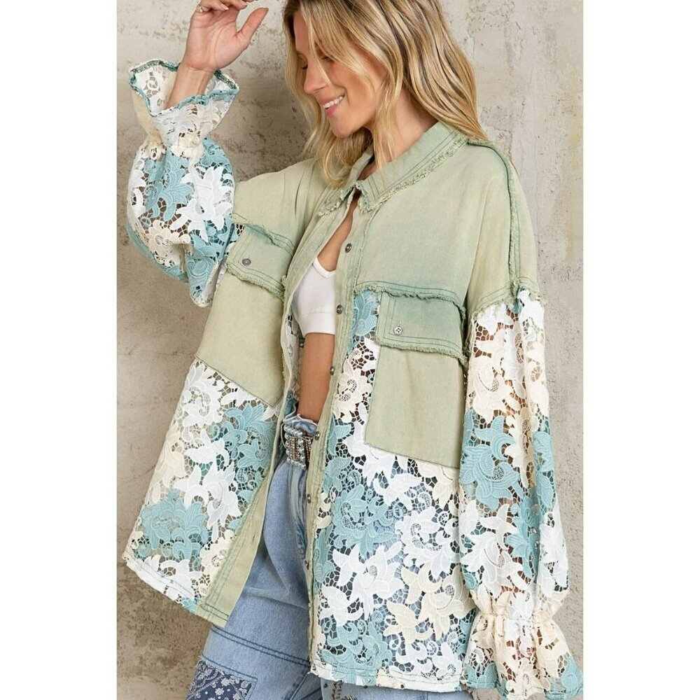 In Full Bloom Contrast Crochet Lace Shacket in Sage